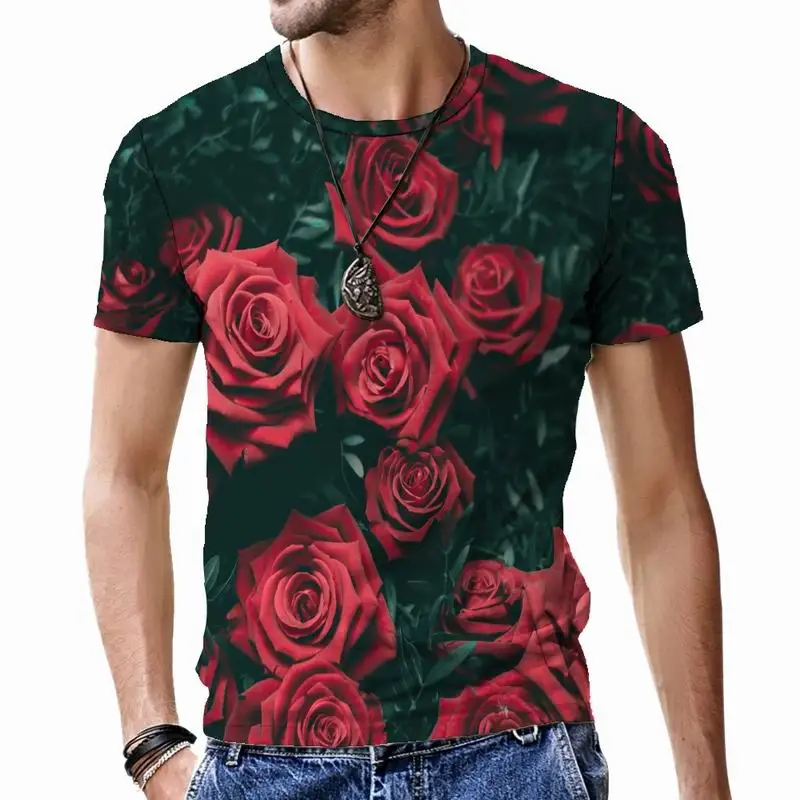 Plant Rose Men's T-shirts Oversized Harajuku 3D Print Tops Style Breathable O-Neck Cool Fashion Short Sleeve Tees Funny Male