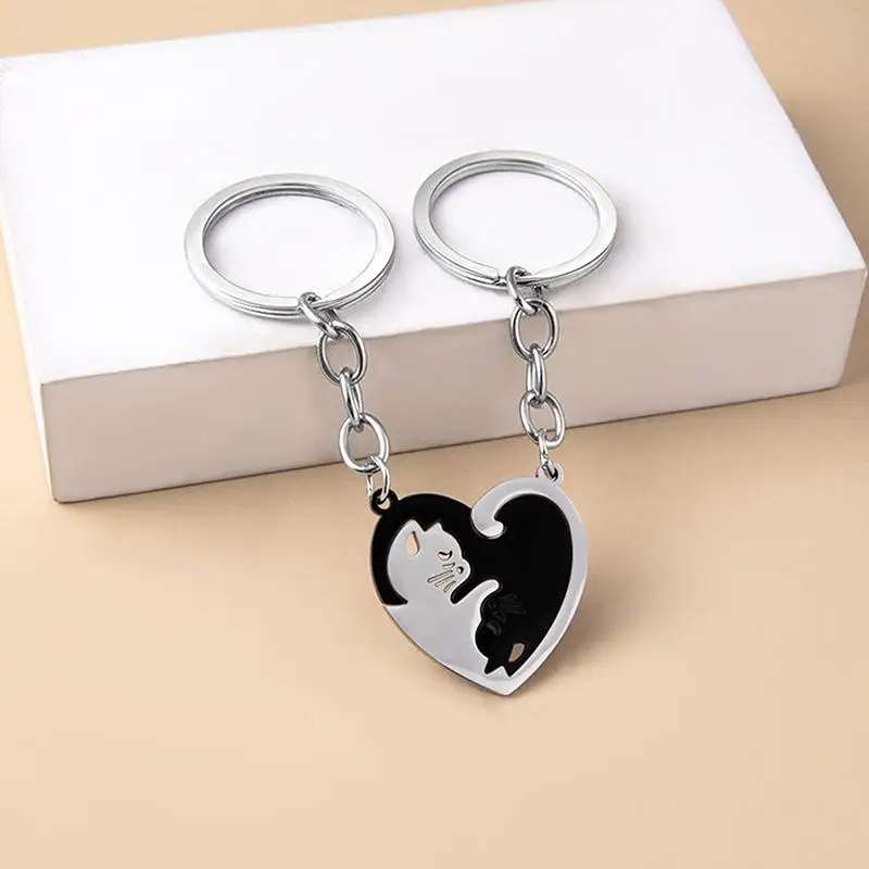 ★▲Cat Keychain 1Pair Patchwork Heart Shape Round Lovers Couple Jewelry Keyring Creative Gift for Bag Car Backpack