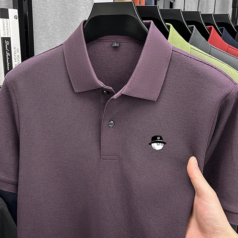 100%Cotton High-End Man Short-Sleeved Polo Shirt Lapel Button Solid Color Stamp Korean-Style Fashion Sleek Hot-Selling Men'sWear