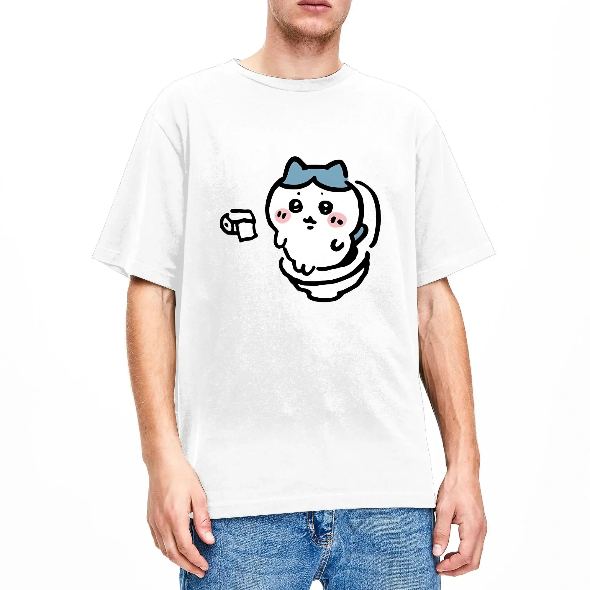 Men T-Shirts Hachiware on the Toilet Potty Chiikawas Usagi  Poop Pooping Meme Cool Pure Cotton Tee Shirt Short Sleeve T Shirts