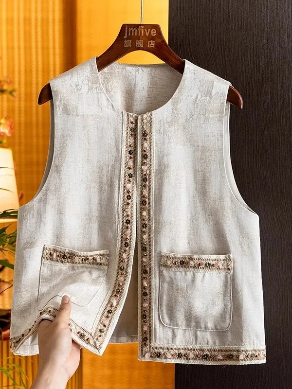 

New Chinese Sle n Weaving Texture Women's Vest Outerwear round Ne Retro Top Trendy ort Length Color Bling