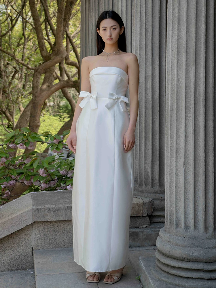 Reddachic feminino bowknot cetim vestido de noite branco brilhante texturizado sem alças espartilho fenda vestido longo formatura roupas formais