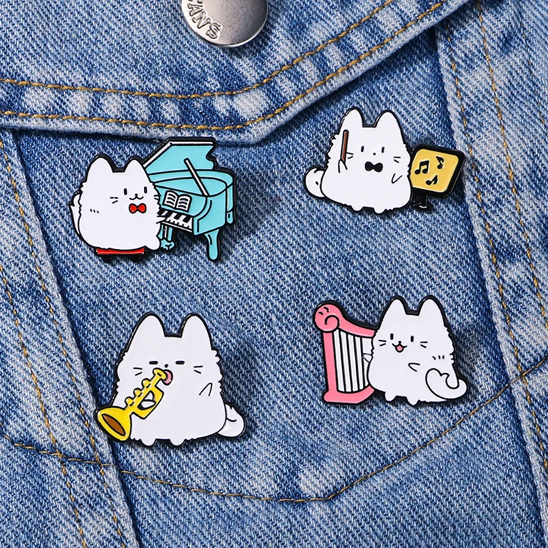 

Cute Music White Cats Brooch Saxophone Blue Piano Pink Harp Cat Creative Animal Metal Badge Punk Pins Jewelry Accessories Gift