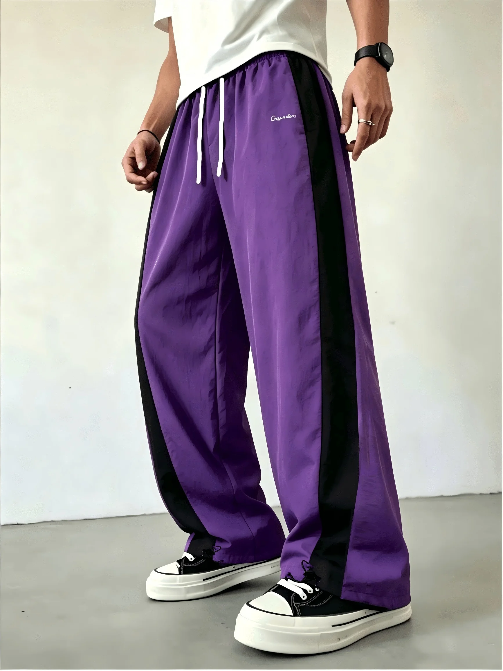 2026 New Style Purple Color Block Stripe Track Pants Elastic Drawstring Loose Y2K Hip Hop Streetwear Casual Long Trousers kids