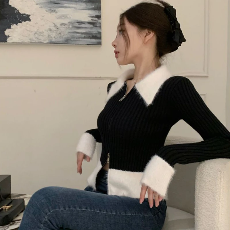 Süße Patchwork Strickjacken für Frauen drehen-unten Kragen Sexy Crop Pullover Schlank Zarte Feminine Herbst Ulzzang Alle-spiel chic Mujer