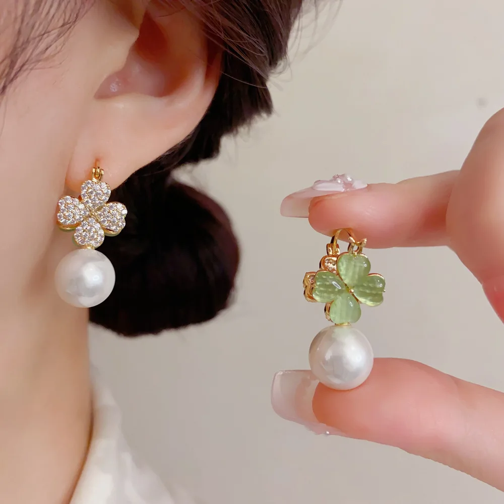 Sparkling Four Leaf Clover Hoop Earrings Shimmering Green Stone White Pearl Drop Ear Studs Lucky Charm Jewelry