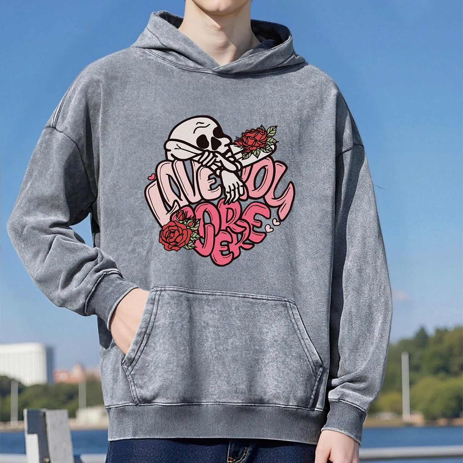 سويت شيرت بقلنسوة بنمط جمجمة ريترو مغسول للجنسين كاجوال بنمط رياضي مصنوع من القطن الخالص طراز الشارع 400 جرام