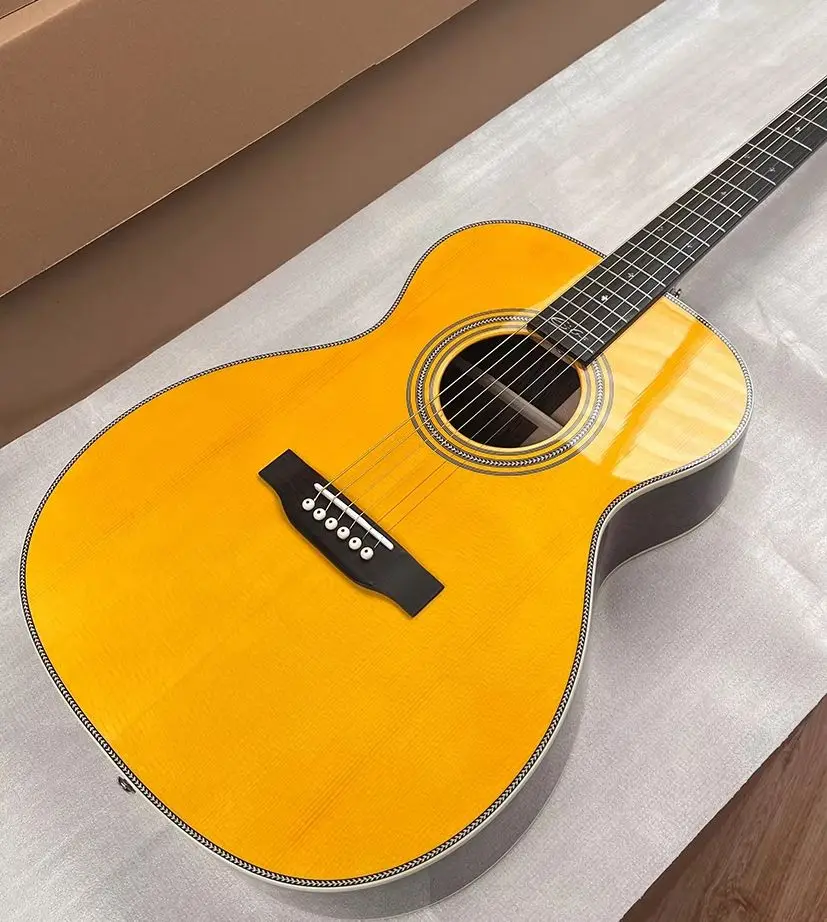 New Solid Spruce Top, Handmade 000 28 style EC Signature Auditorium Acoustic Guitar Yellow Color,  Back And Side Are Laminate Ro