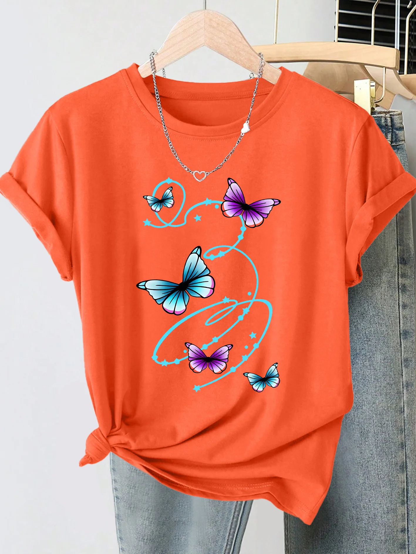 Summer New Women's Round Neck Gradient Butterfly Line Illustration Printed Short Sleeve T-shirt Summer Playful Aging Top