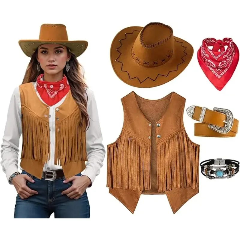 Fantasia de Cowgirl para Mulheres e Homens, Conjunto de Colete, Chapéu, Cinto e Bandana com Franjas para Fantasias de Cowboy, Halloween e Cosplay do Velho Oeste