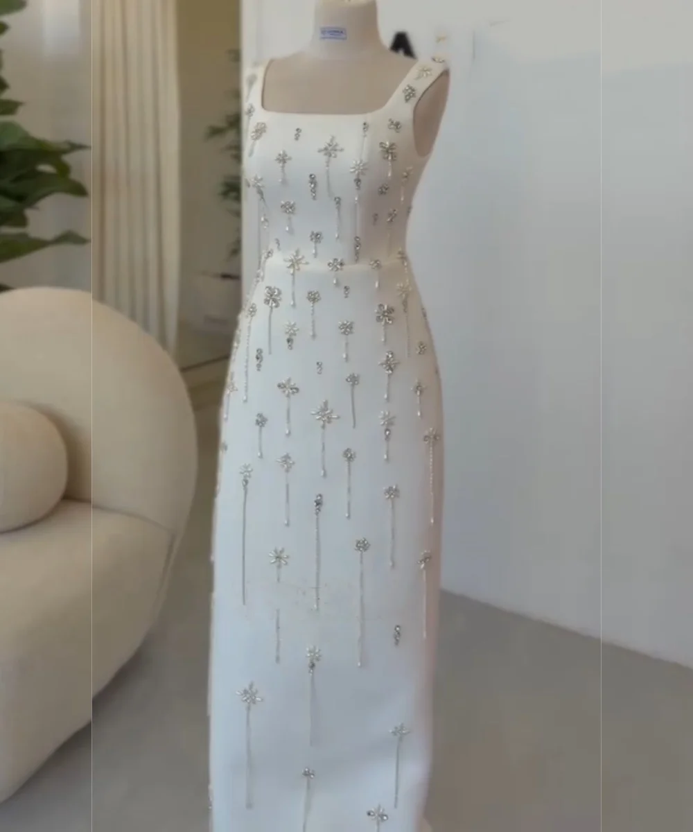 Customized Pastrol Jersey Pleat Sequined Straight Square Neck Long Bespoke Occasion Prom Dresses Fashion Matching