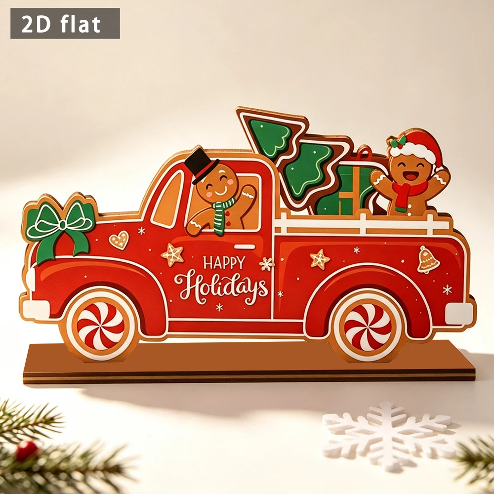 Wooden Christmas Truck Tabletop Sign, 2D Flat Gingerbread Man Ornament, Happy Holidays Freestanding Winter Desktop Decoration
