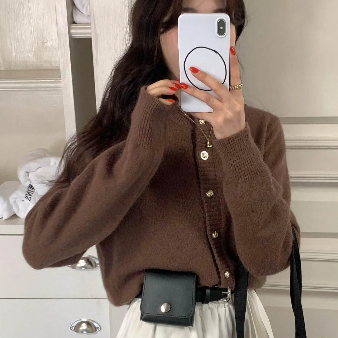 

Warm Knitted Sweater Women's Inner Wear Lightweight Outer Jacket Korean Style Pure Color Open Cardigan Metal Buckle round Neck