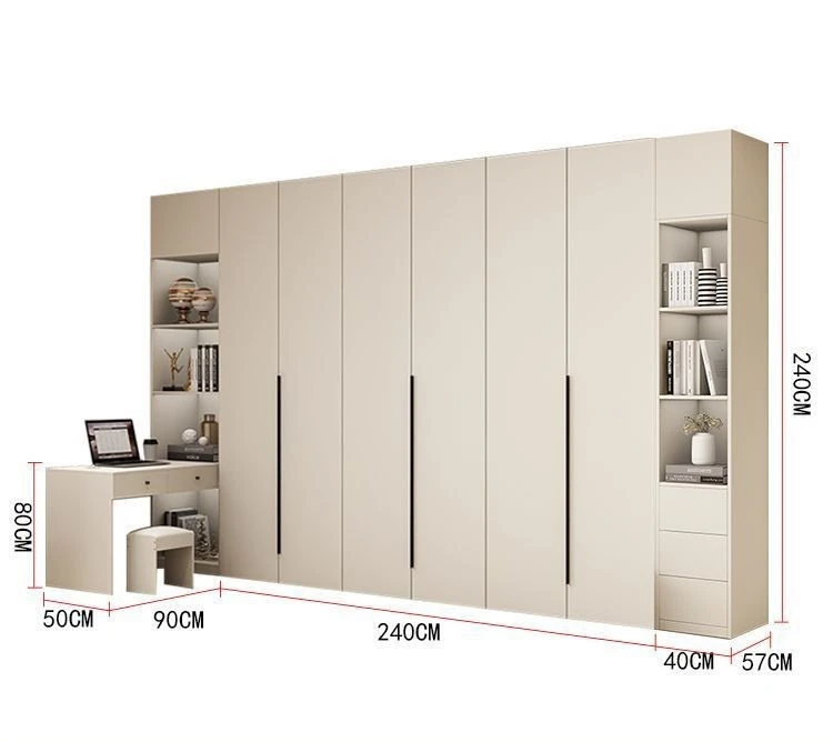 ตู้เสื้อผ้าสไตล์โมเดิร์นเรียบหรู สีครีม พร้อมบานประตูเก็บของ ด้านบนทำจากไม้เนื้อแข็งลายหนัง พร้อมโต๊ะทำงานในตัว