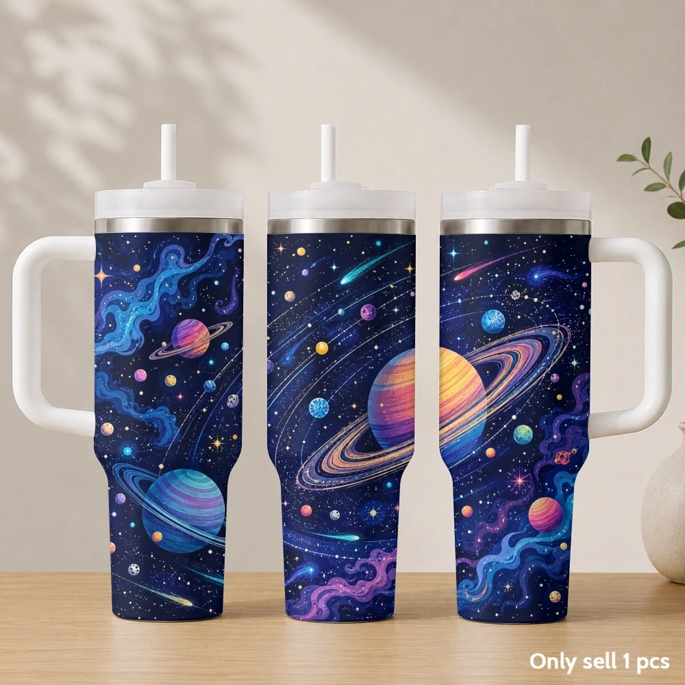 Nighttime starry sky planet Vacuum Flasks 40oz Stainless Steel Insulated Tumbler with Handle & Straw Leakproof Travel Mug