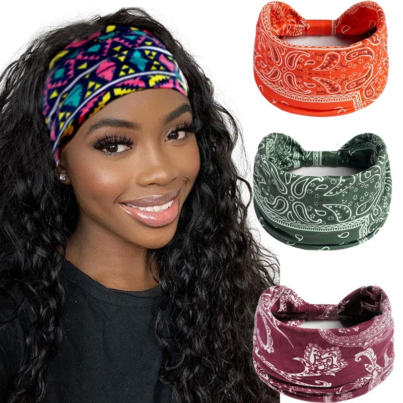 

New Boho Cotton Wide Headband Pot Dot Knot Elastic Turban Headwrap Flower Paisley Print Headwrap For Women Girl Hair Accessories