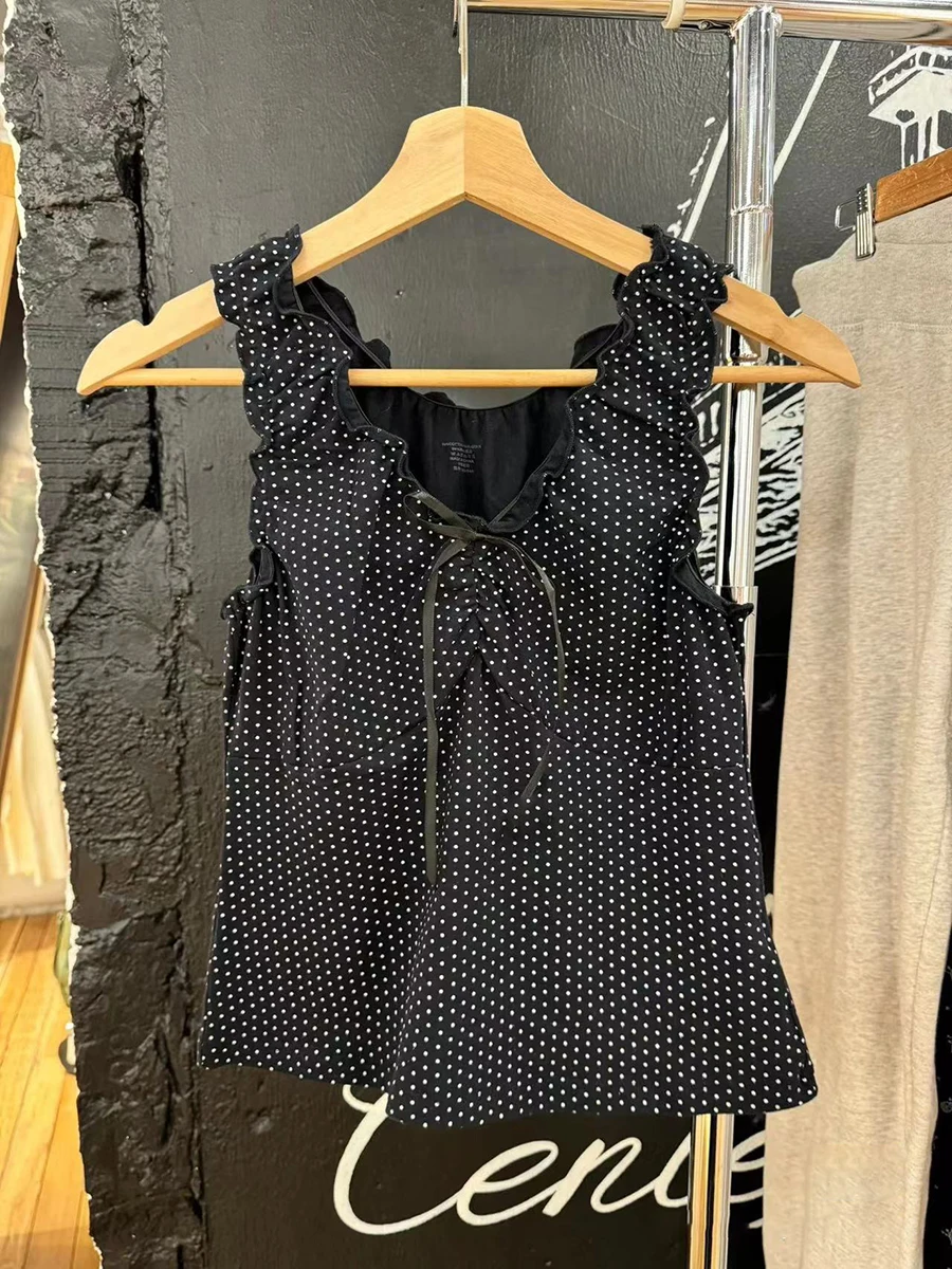 New Polka Dot Bow Black Tank Tops Summer Sexy V Neck Cotton Sleeveless Cropped Vests Women Vintage Sweet Ruffles Slim Crop Top﻿