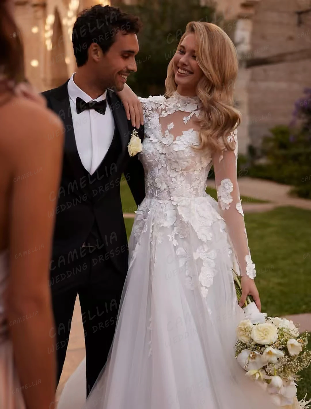 Abiti da sposa eleganti Abiti da sposa A Line da donna Collo alto in pizzo Manica lunga Appliques Tulle 2025 Abiti da sposa personalizzati