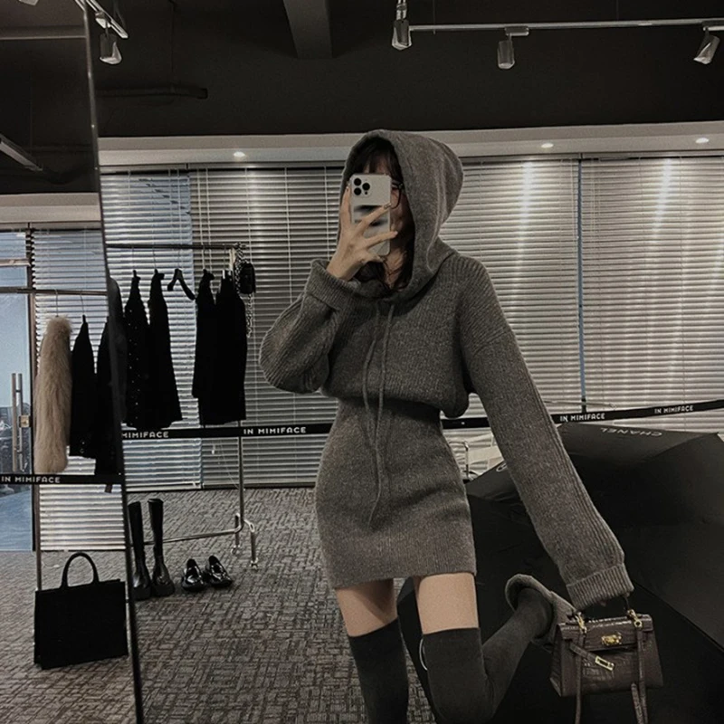 

Streetwear Knitted Mini Dress Women Hooded Sweater A Line Dresses Winter Korean Solid High Waist Slim Casual