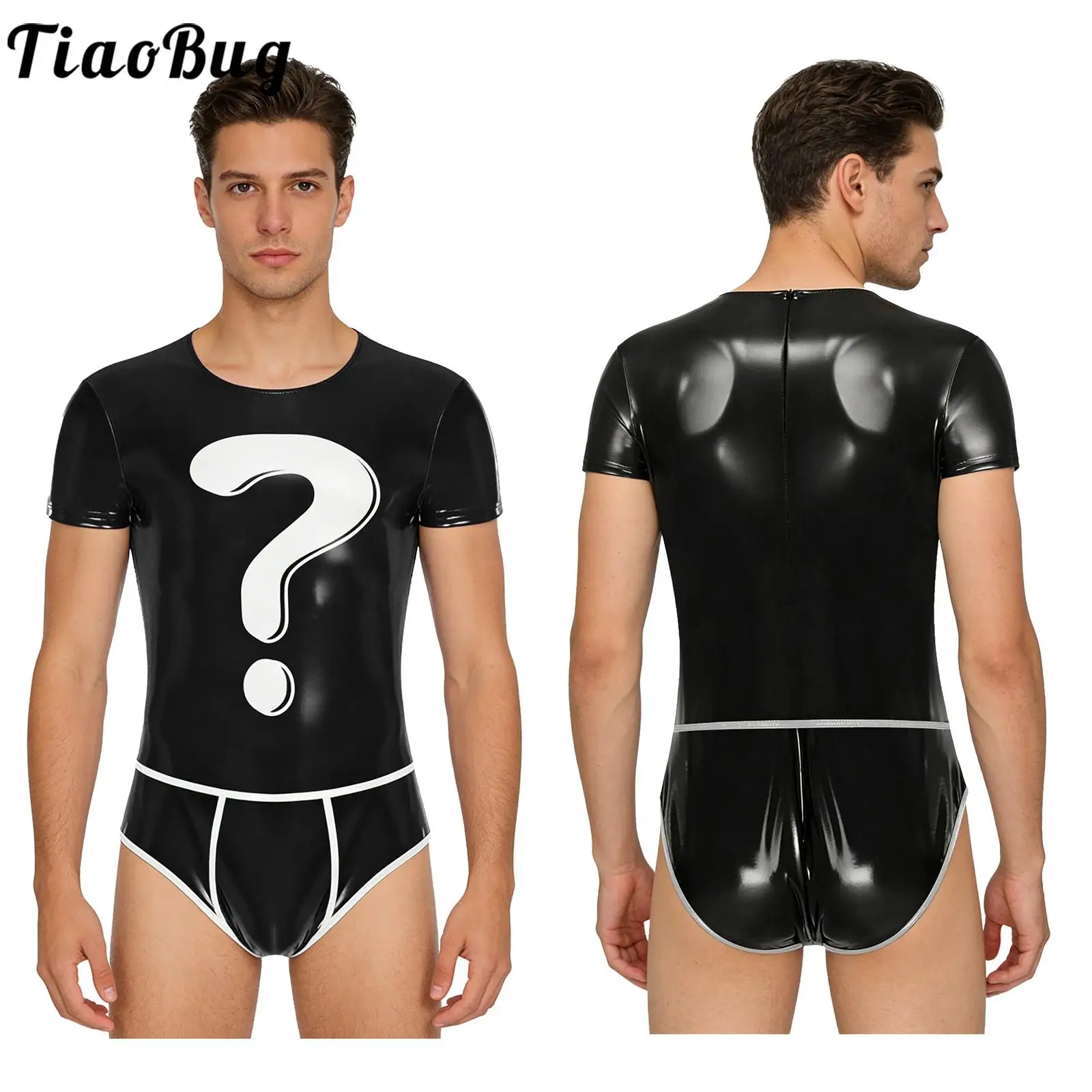 

Men One Piece PU Leather Swimsuit Stylish Question Mark High Cut Short Sleeve Jumpsuit for Sport Workout Swimsuit Bathing Suit
