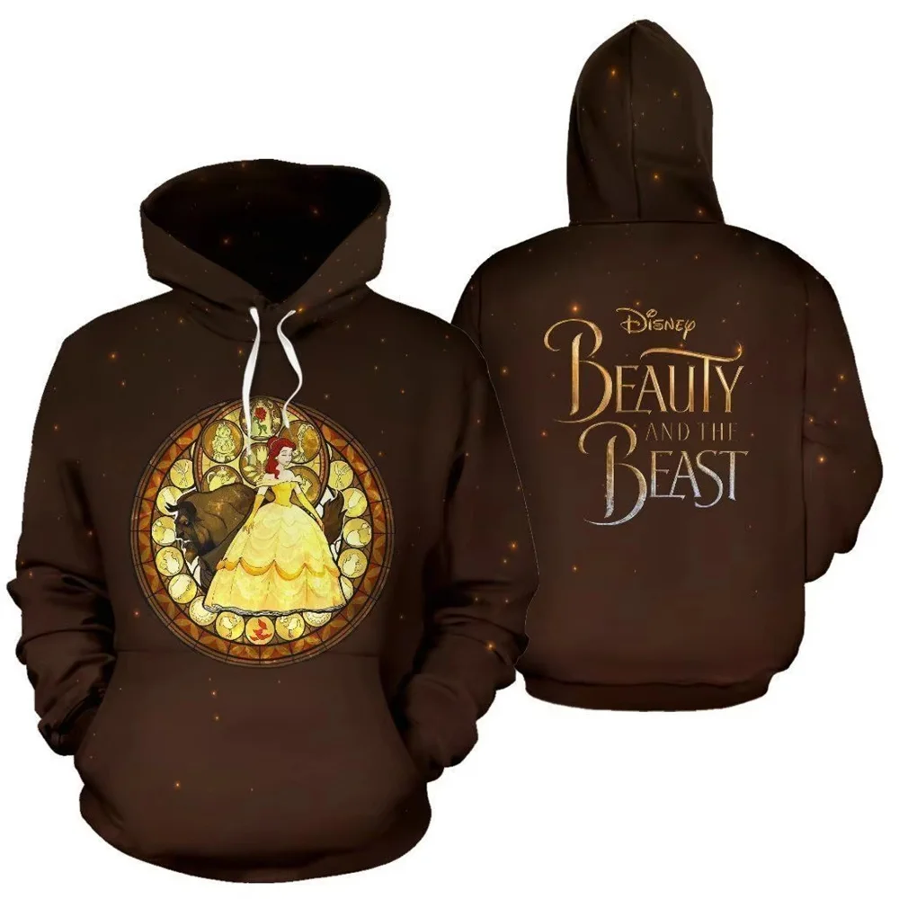 2025 Spring and Autumn new children's cartoon pattern Beauty and the Beast 3D printed hoodie casual pullover Men and women stree