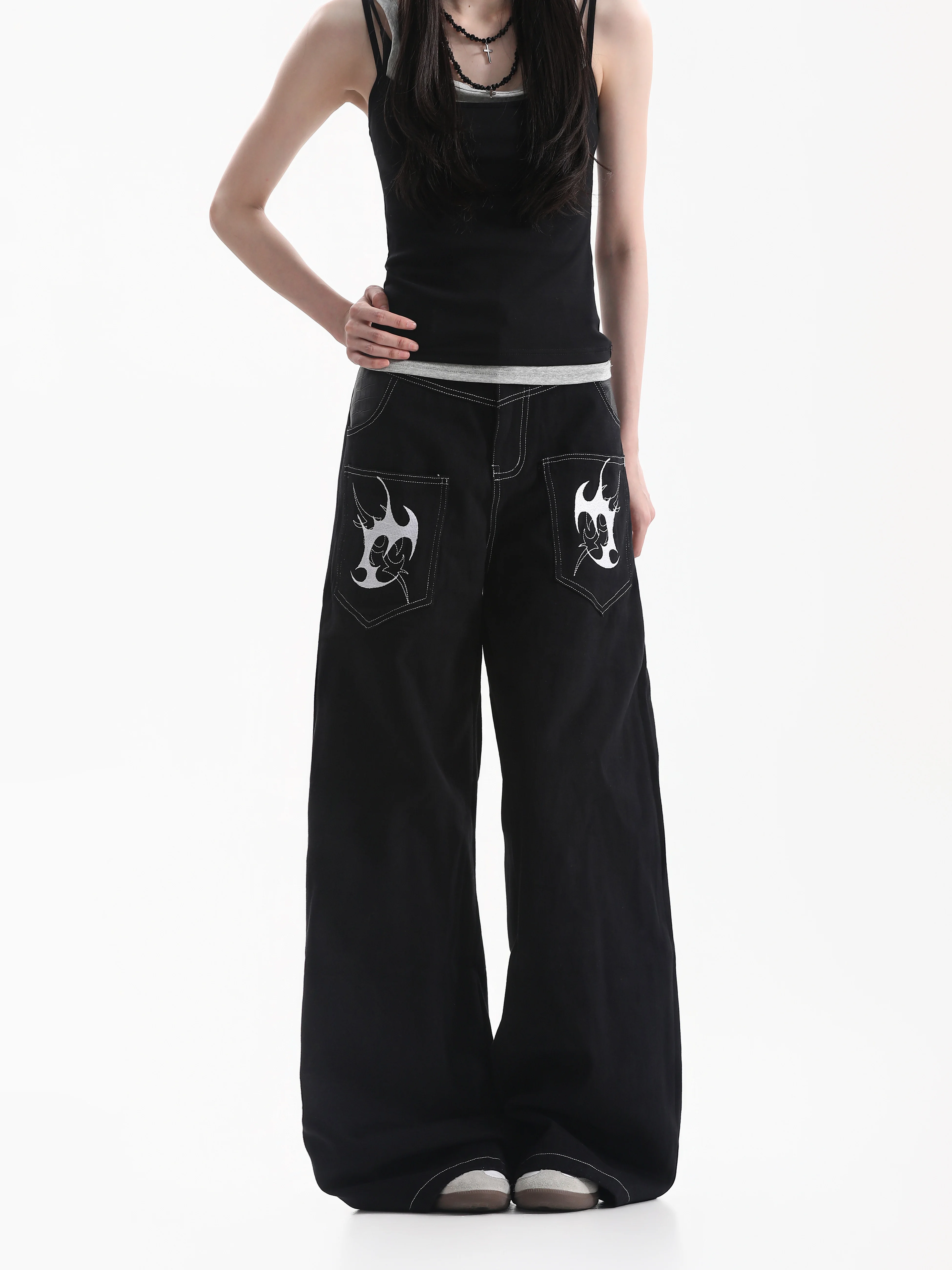 American Street Style Embroidered Denim Jeans Neutral Wide Leg Pants Autumn Season Natural Waist Button Closure Cotton Material