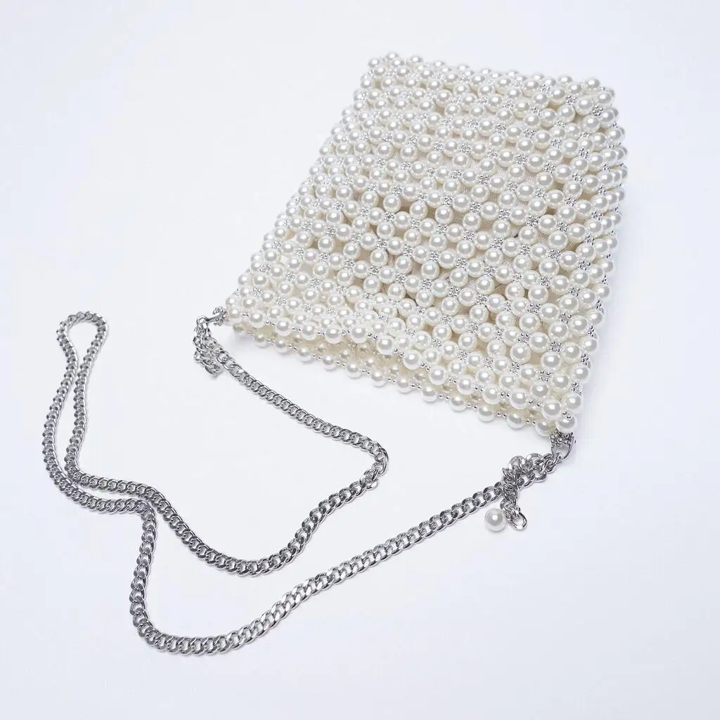 ZA New Pearl Beaded Bag White Beaded Fairy Portable Messenger Bags with Chain Female Purses and Handbags Cross Body Bag Woman