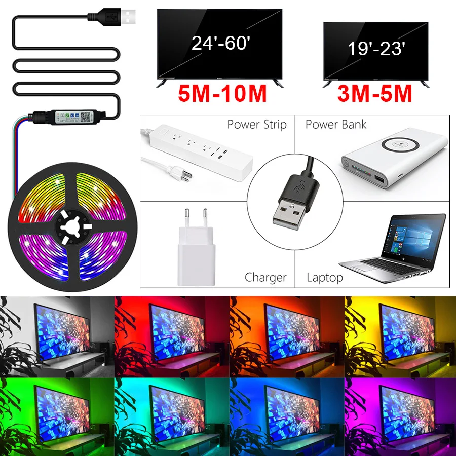 LED 스트립 조명, RGB 5050 블루투스 앱 제어, USB LED 유연한 램프, DC 5V 리본 다이오드 테이프, 파티 거실 축제