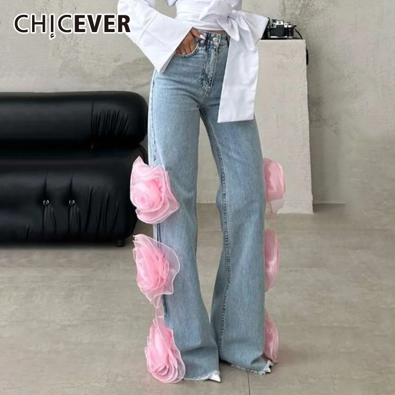 

CHICEVER Popular Designer Denim Pants For Women High Waist Spliced Appliques Solid Casual Slimming Jeans Female Summmer Clothes