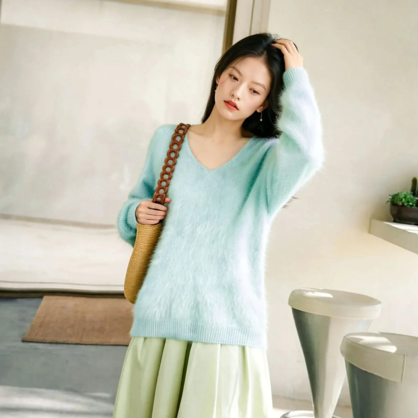 Cross border 5 mulberry silk 10 cashmere 85 wool cashmere fleece sweater fleece women's sweater loose base