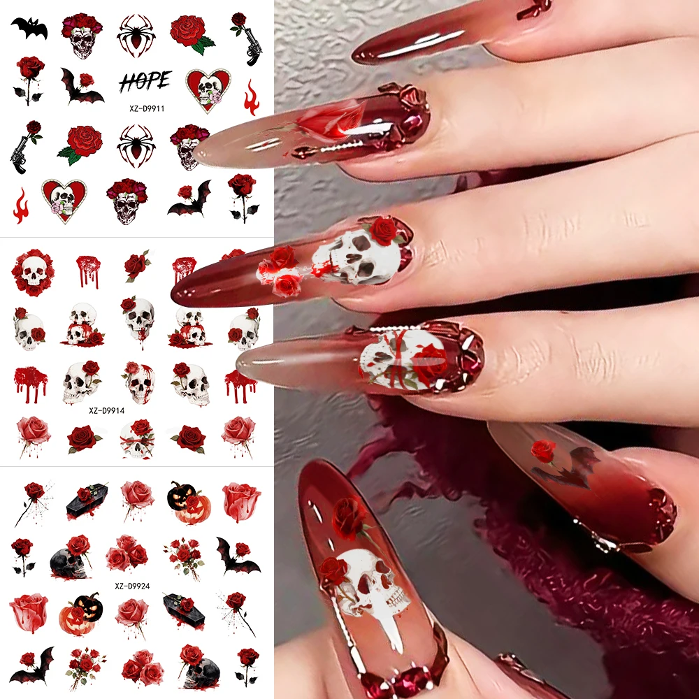 

30pcs 3D Blood Red Rose Skull Nail Sticker Pumpkin Bat Halloween Spooky Paw Print Nail Decorations 5x6cm Slider Nail Supplies