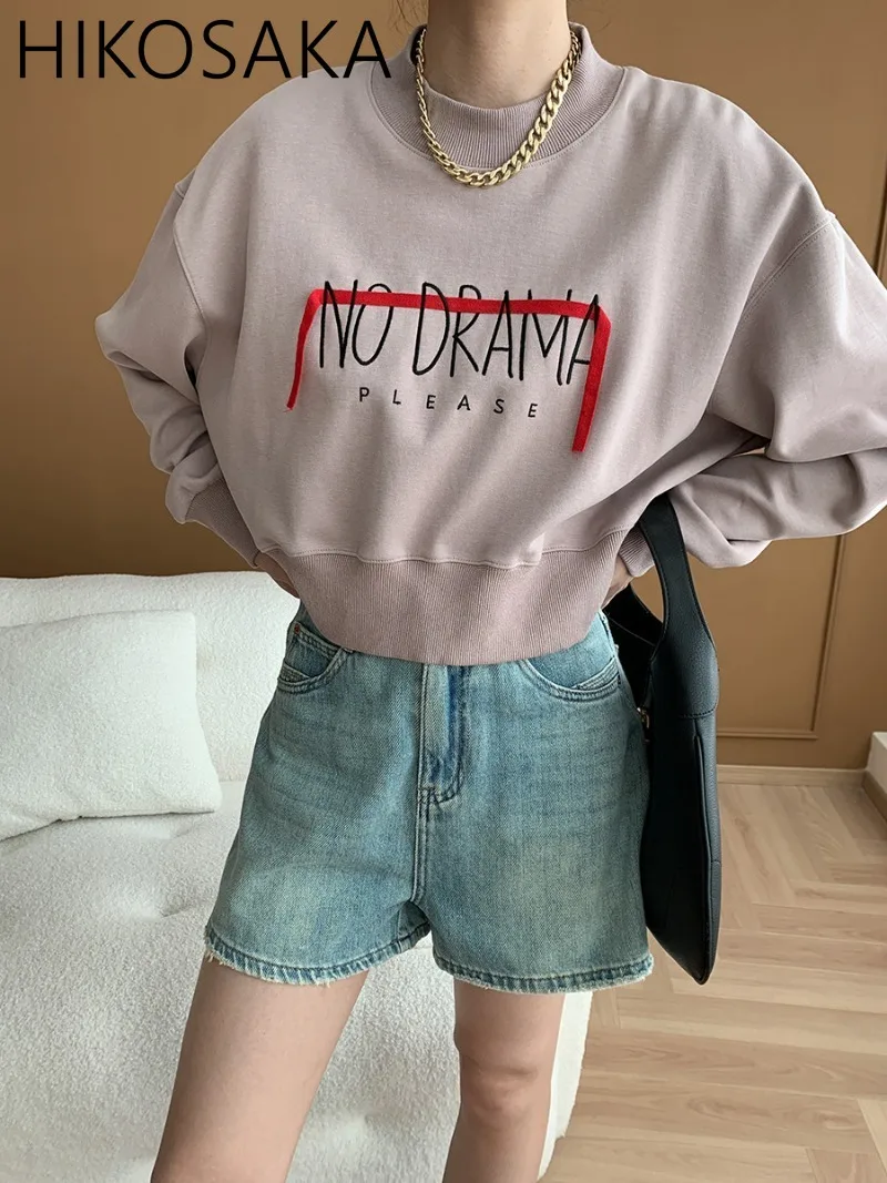 

Korean Chic Letter Print Ribbon Hoodies O-neck Long Sleeve Loose Crop Top 2024 Autumn New All-match Pullover Sweatshirt Women