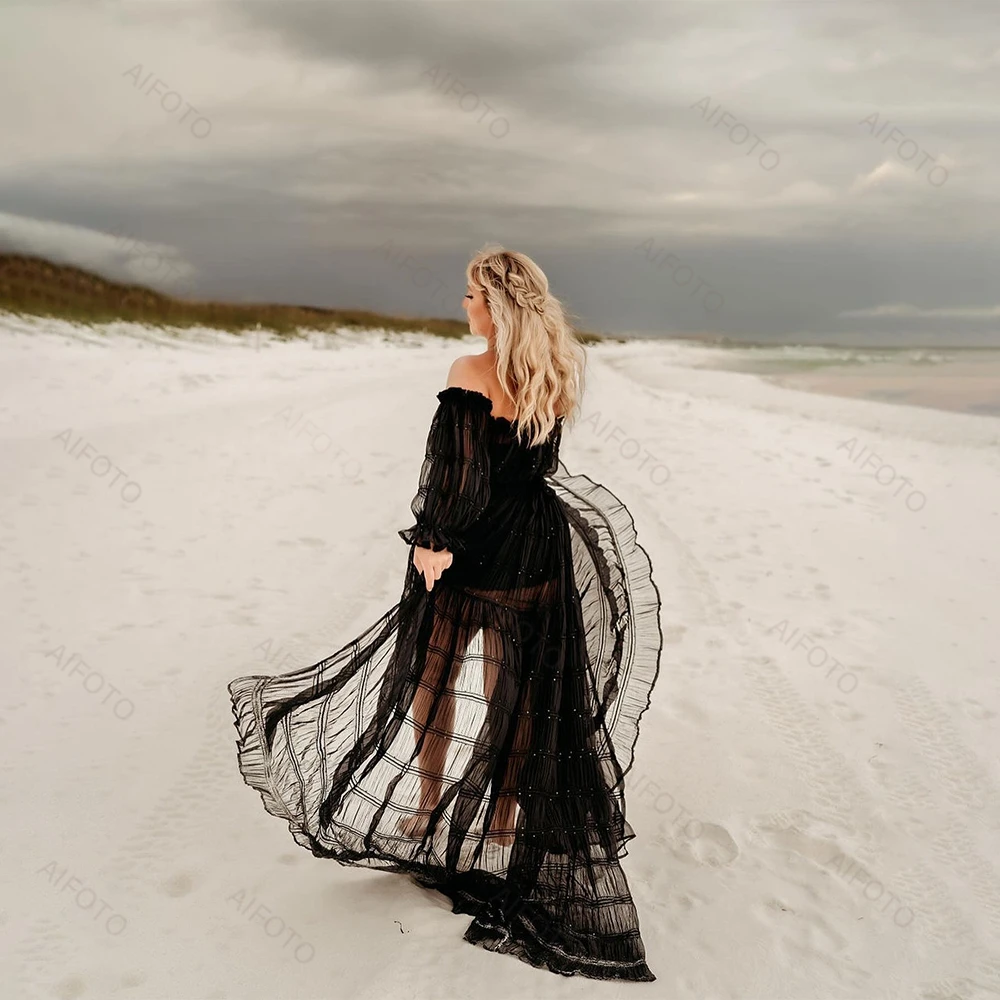 Vestido largo de gasa de tul para mujer embarazada, traje Sexy de dos piezas, estilo bohemio, para fotografía de maternidad