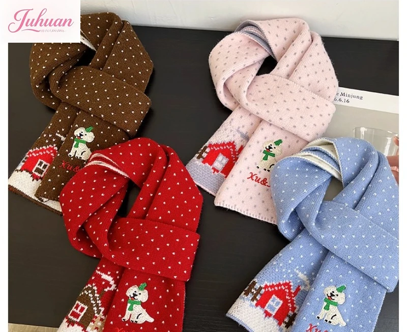 

Japanese Cute Puppy Embroidered Knitted Scarf Women's Autumn and Winter 2025 New Student Warm Versatile Neck Scarf