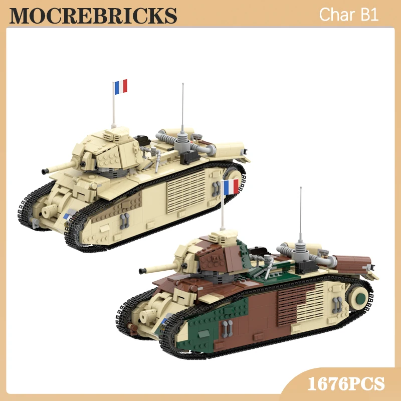 WW II Army Military Weapons Building Block French Char B1 Bis Heavy Tank Soldiers Track Vehicle Model Bricks Toys Children Gifts