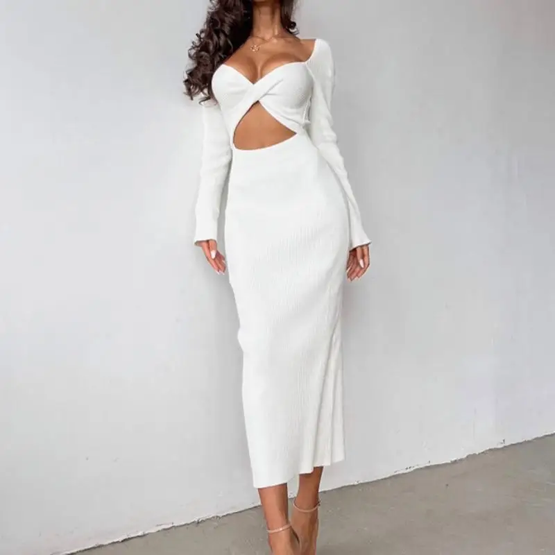 2025 솔리드 컬러 긴팔, 폼 피팅, 투피스 니트, 컷 아웃, 여성용 섹시한 깊은 V 넥 원피스