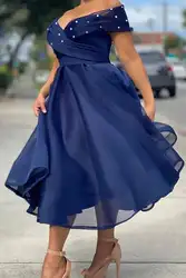 Plus Size Women's Dress Solid Off The Shoulder Pearls Decor A Line Tulle Elegant Party Midi Dresses