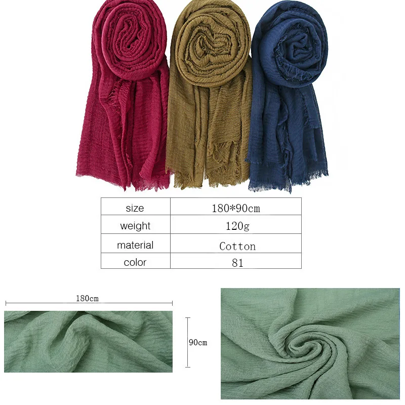 Pleated Plain Hijab Scarf Muslim Women Cotton Crinkle Headband Veil Scarves 2024 Solid Shawl Islamic Headscarf Head Wraps Turban