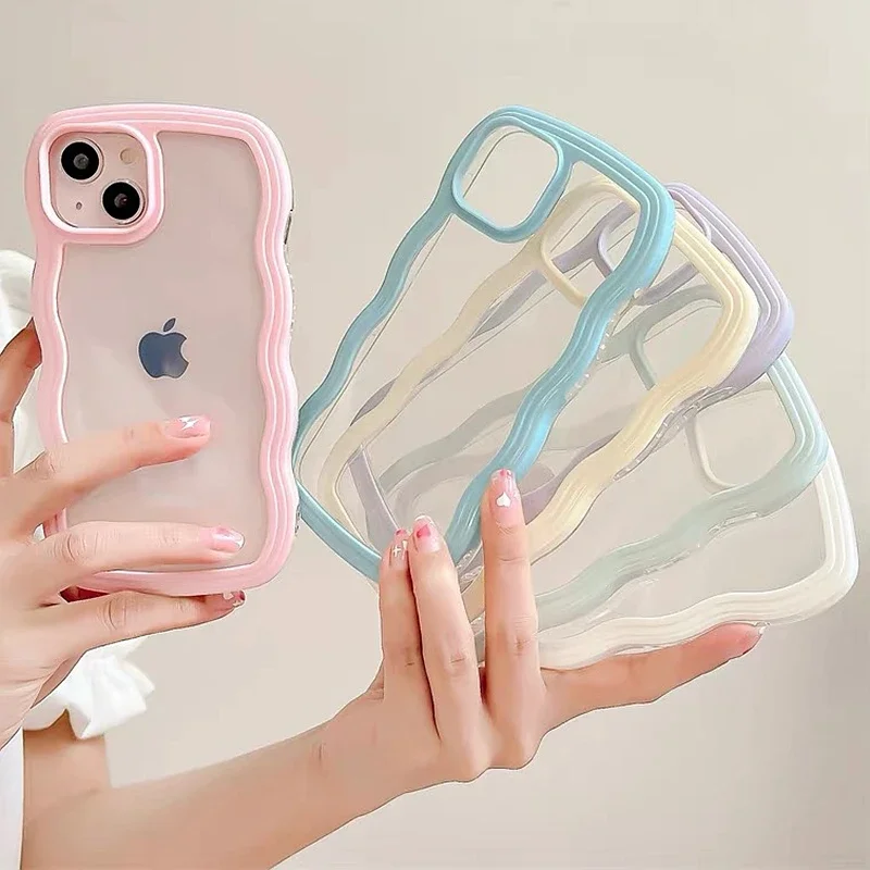 Soft Wavy Lines Phone Case For iphone 11 12 13 14 15 16 Pro Max XS Max X XR 7 8 Plus Candy Bumper Transparent Cases Cover