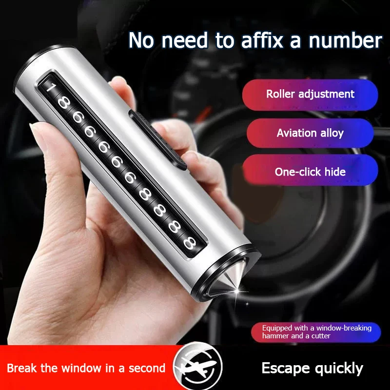 1 قطعة علامة وقوف السيارات المؤقتة المعدنية متعددة الوظائف ثلاثة في واحد نافذة مكسورة سلامة المطرقة القاطع سيارة تتحرك لوحة رقم الهاتف