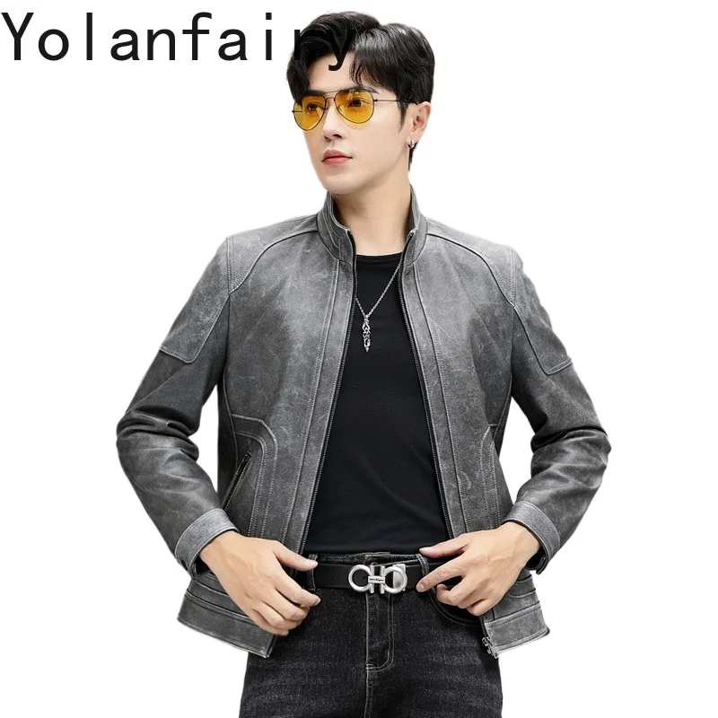 

YOLANFARIY Grey Leather Jacket Real Sheepskin Motorcycle Jacket Mens Clothes Business Casual Tops Short Style Casaco Masculino