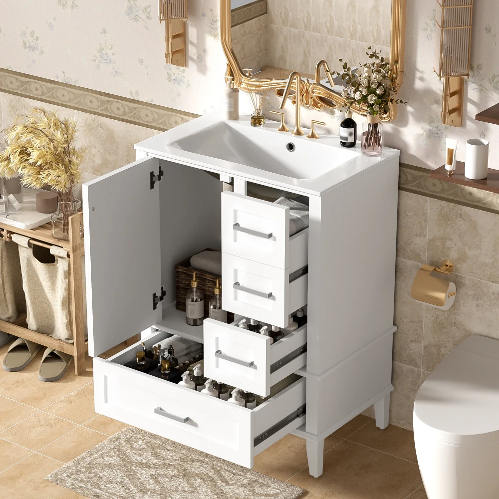 

24.8" Bathroom Vanity: Ceramic Sink, Soft-Close Door, Multi-Drawers & Space-Saving Storage