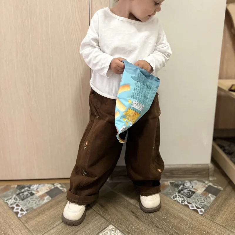 Spring Autumn Kids Casual Pants Girls Baby Cotton Trousers Cute Flower Embroidery Children Elastic Waist Outwear Pant 1-6Y
