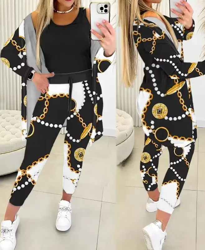 Casual Pak Voor Dames Set 2024 Herfst Winter Nieuwste Ronde Hals Tanktop En Trekkoord Broek Set Met Lange Mouwen Open Voorjas