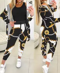 Women's Casual Suit Set 2024 Autumn Winter Latest Round Neck Tank Top & Drawstring Pants Set with Long Sleeve Open Front Coat