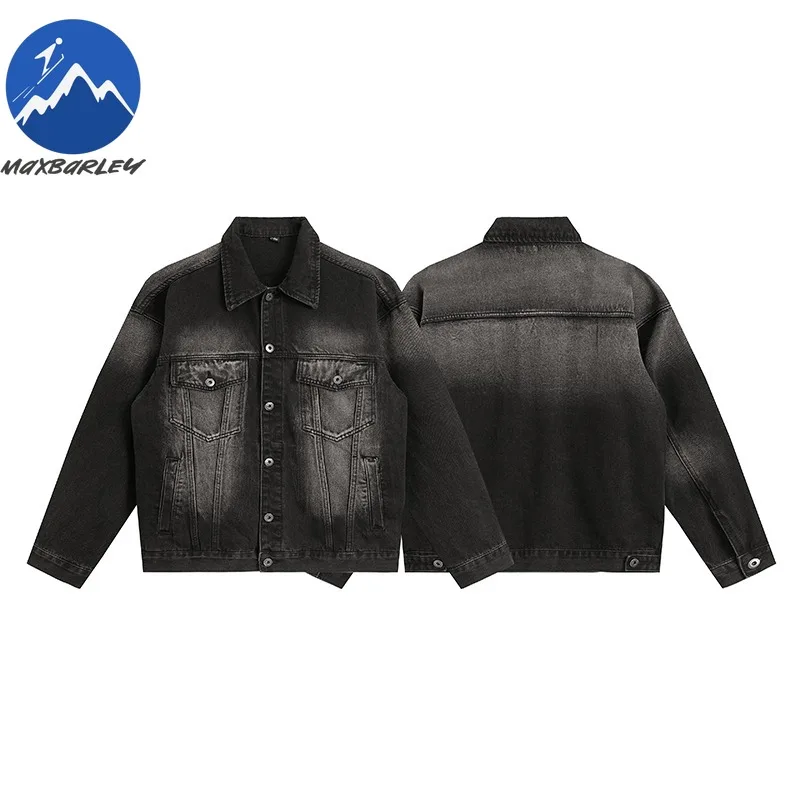 Maxbarley Bleached Black Denim Jacket Mens New Spring Autumn Ins Premium Loose Denim Coat American Wash Turndown Collar Garment