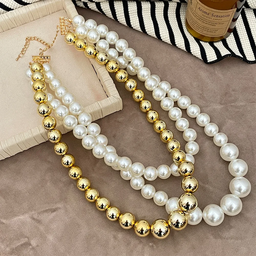 Creative and extremely colorful new products, personalized exaggerated imitation pearl versatile geometric neck chain double-lay