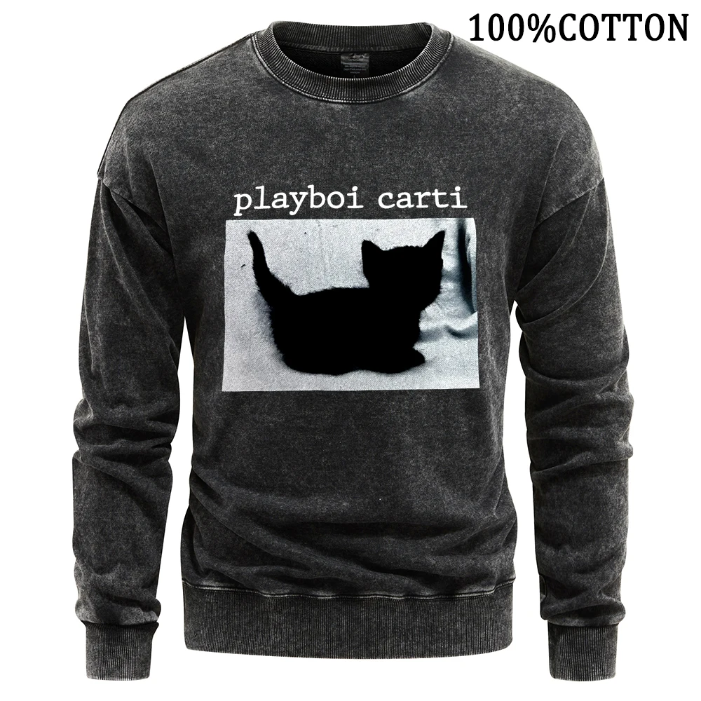 Man Sweatshirt Black Little Cat Retro Washed Cotton Sweatshirts Fashion Sports Shirt  Comfortable Snug Hooded Animals Tops