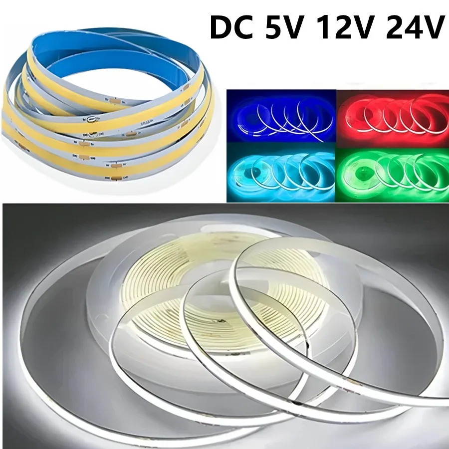 320Leds/M 8MM Width DC 5V 12V 24V COB LED Strip White/Pink/Red/Yellow/Ice Blue/Green Backlight Flexible Ribbon Rope LED Lighting