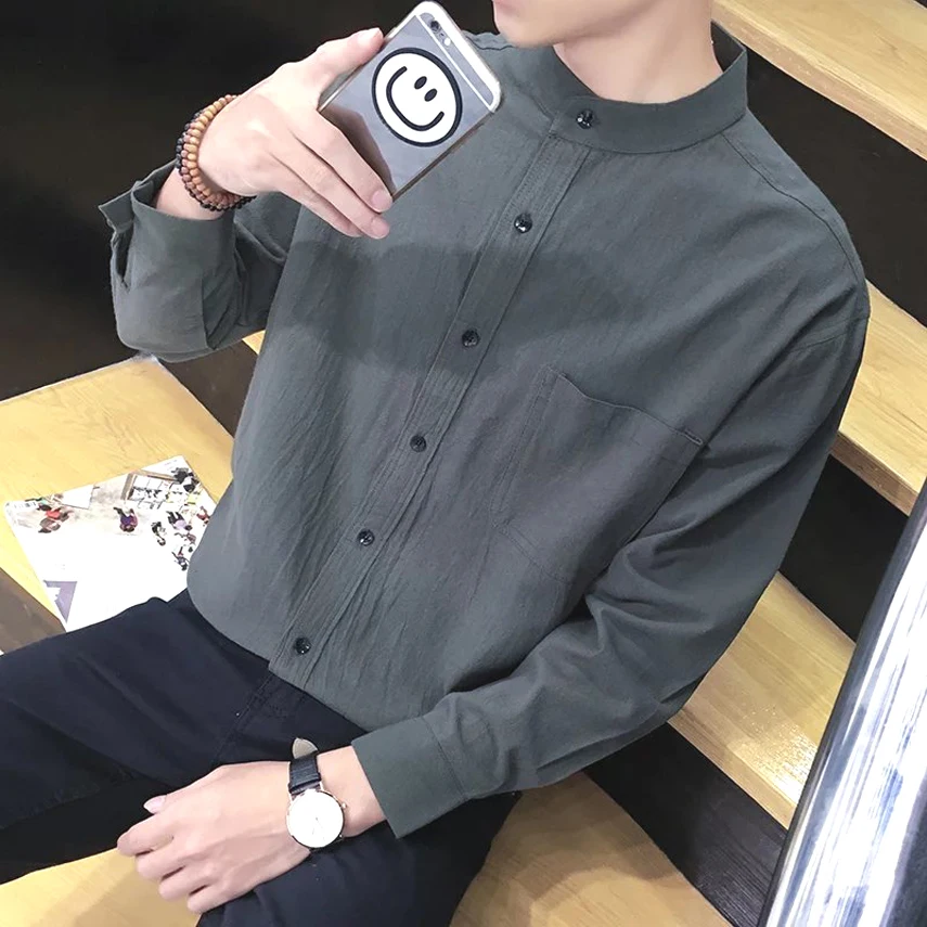 

Мужской кардиган свободного кроя из льна и хлопка с длинным рукавом, воротником-стойкой, в гонконгском стиле, художественный, модный, летний, молодежный, повседневный